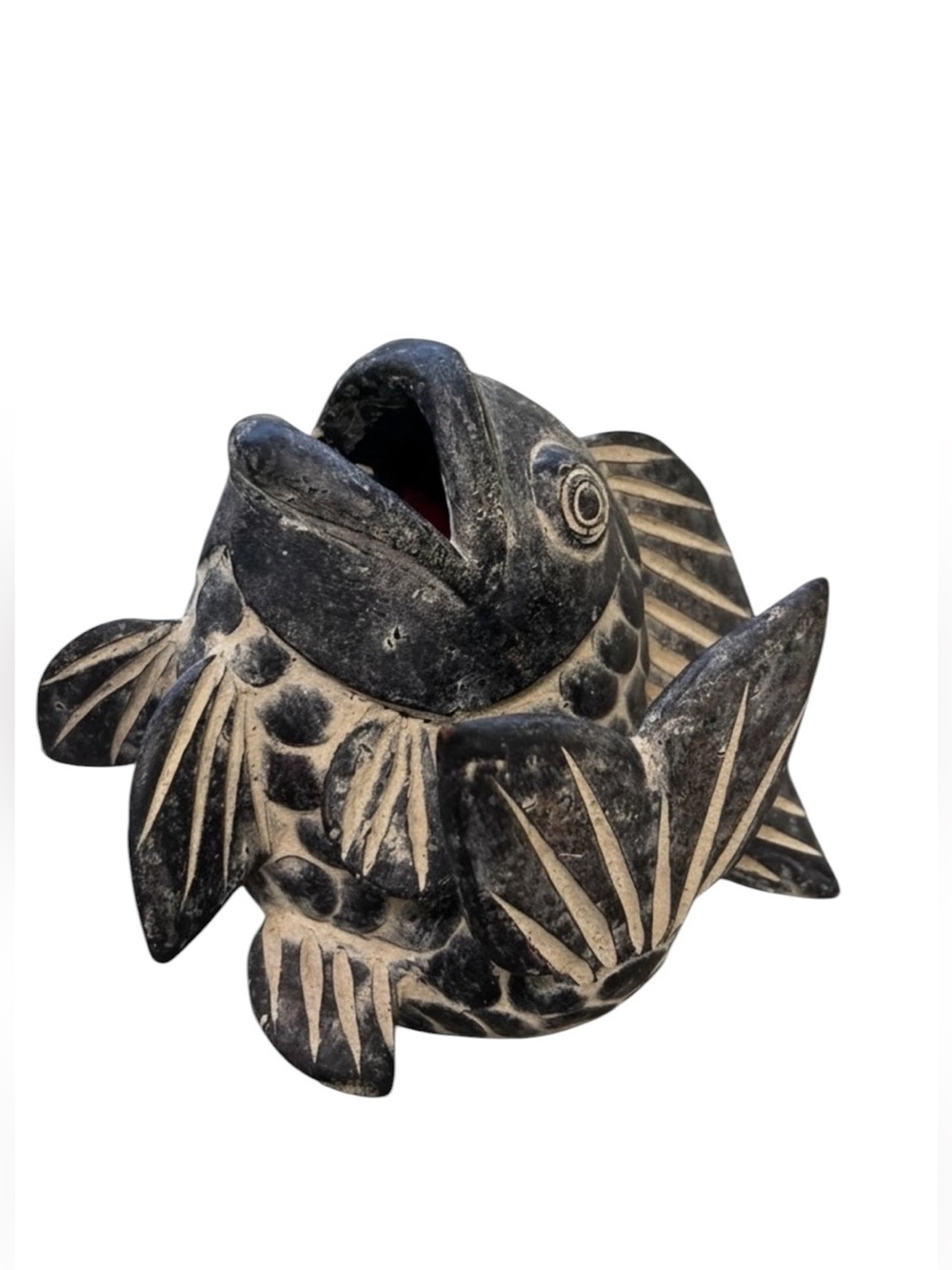 Vintage Black Clay Fish Vase Planter Folk Art Koi Carp